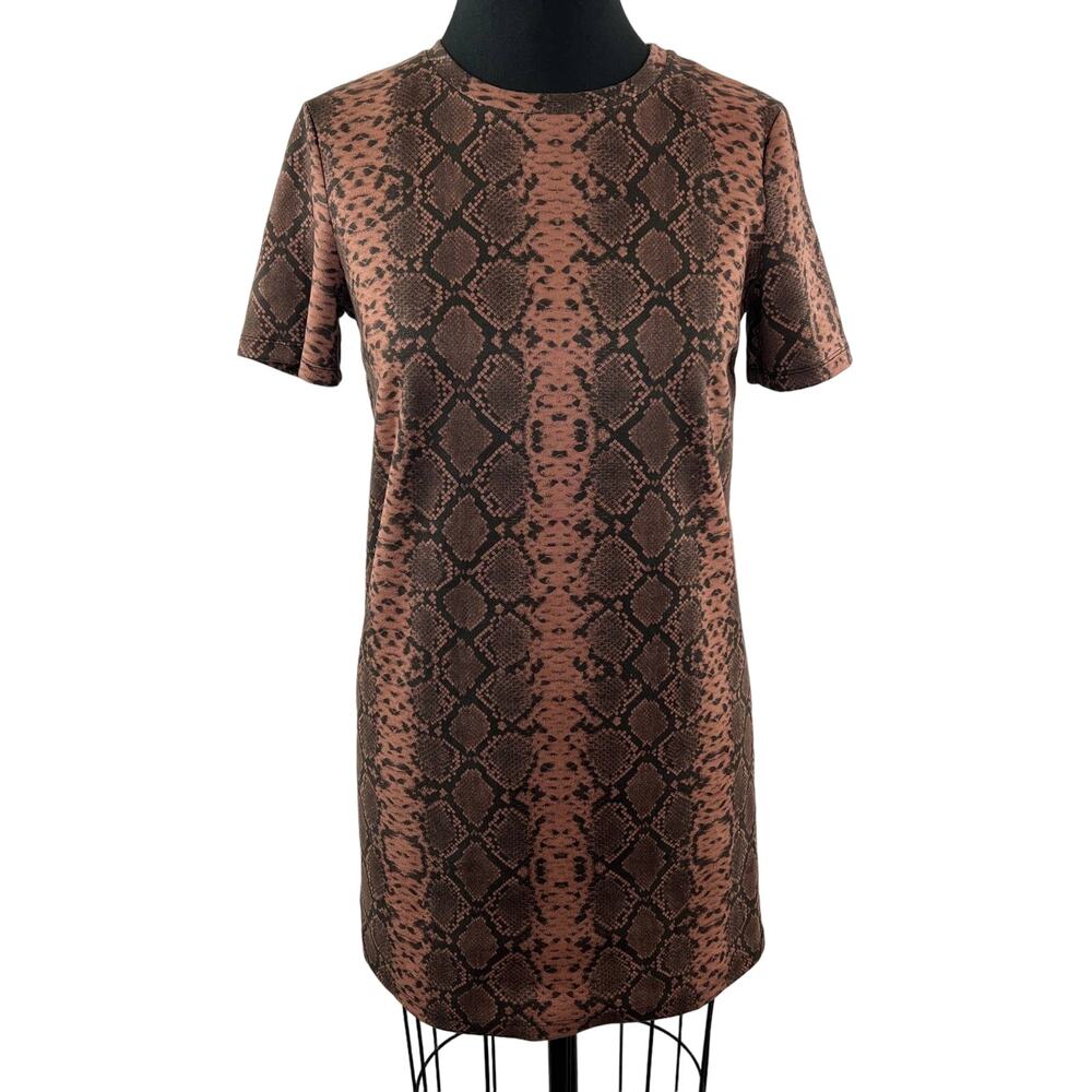 ZARA Brown Faux Suede Snakeskin Print Short Sleeve Pullover T-Shirt Dress S